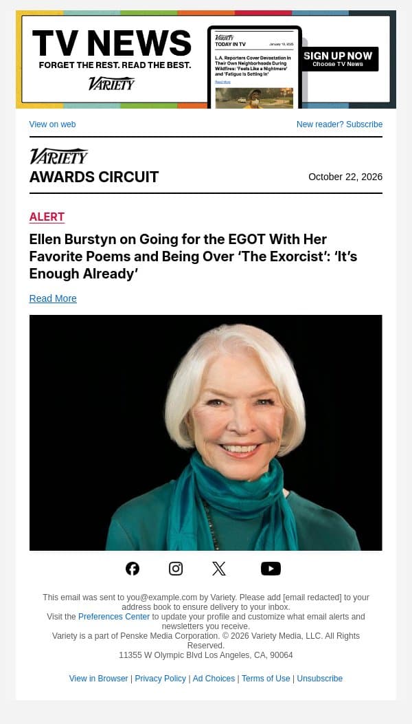 Ellen Burstyn on Going for the EGOT With Her Favorite Poems and Being Over ‘The Exorcist’: ‘It’s Enough Already’ email from Variety screenshot