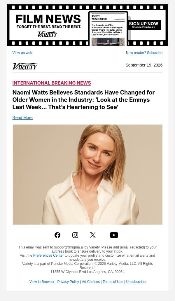 Naomi Watts Believes Standards Have Changed for Older Women in the Industry: ‘Look at the Emmys Last Week… That’s Heartening to See’ email from Variety screenshot