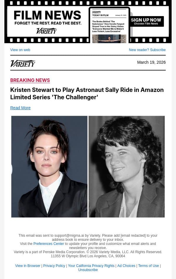 Kristen Stewart to Play Astronaut Sally Ride in Amazon Limited Series 'The Challenger' email from Variety screenshot