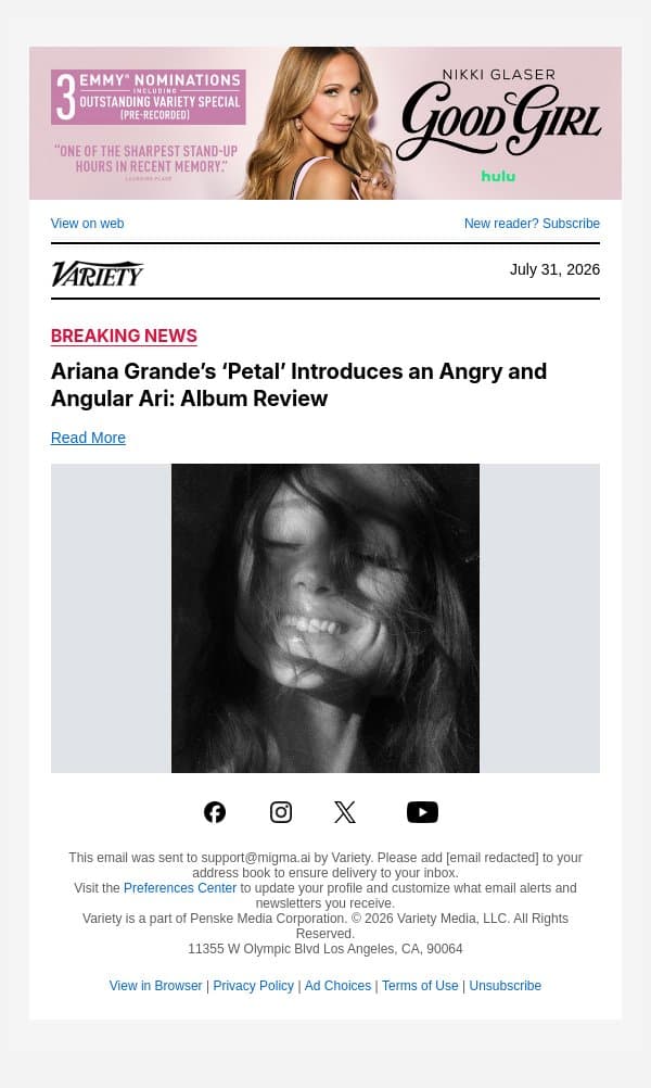 Ariana Grande’s ‘Petal’ Introduces an Angry and Angular Ari: Album Review email from Variety screenshot