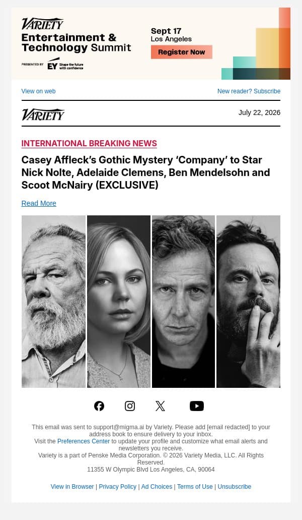 Casey Affleck’s Gothic Mystery ‘Company’ to Star Nick Nolte, Adelaide Clemens, Ben Mendelsohn and Scoot McNairy (EXCLUSIVE) email from Variety screenshot
