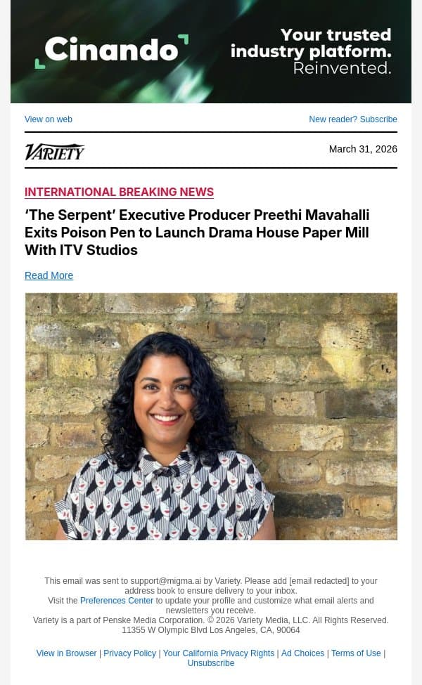 ‘The Serpent’ Executive Producer Preethi Mavahalli Exits Poison Pen to Launch Drama House Paper Mill With ITV Studios email from Variety screenshot