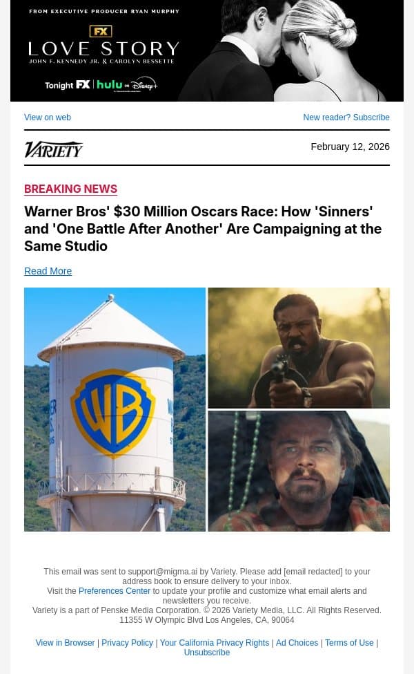 Warner Bros' $30 Million Oscars Race: How 'Sinners' and 'One Battle After Another' Are Campaigning at the Same Studio email from Variety screenshot