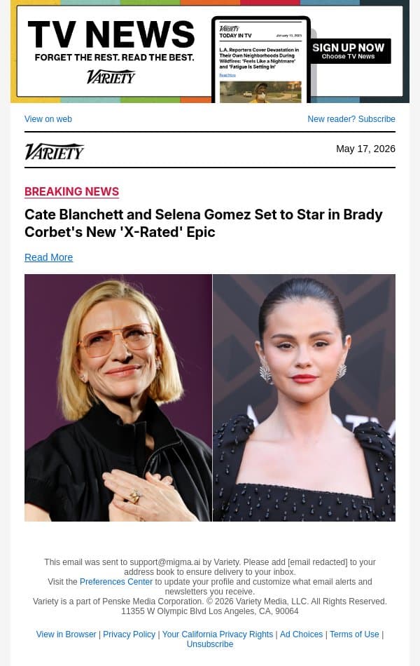 Cate Blanchett and Selena Gomez Set to Star in Brady Corbet's New 'X-Rated' Epic email from Variety screenshot