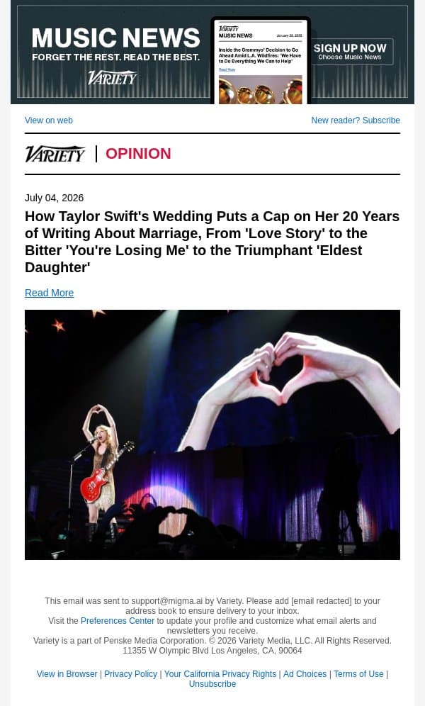 How Taylor Swift's Wedding Puts a Cap on Her 20 Years of Writing About Marriage, From 'Love Story' to the Bitter 'You're Losing Me' to the Triumphant 'Eldest Daughter' email from Variety screenshot