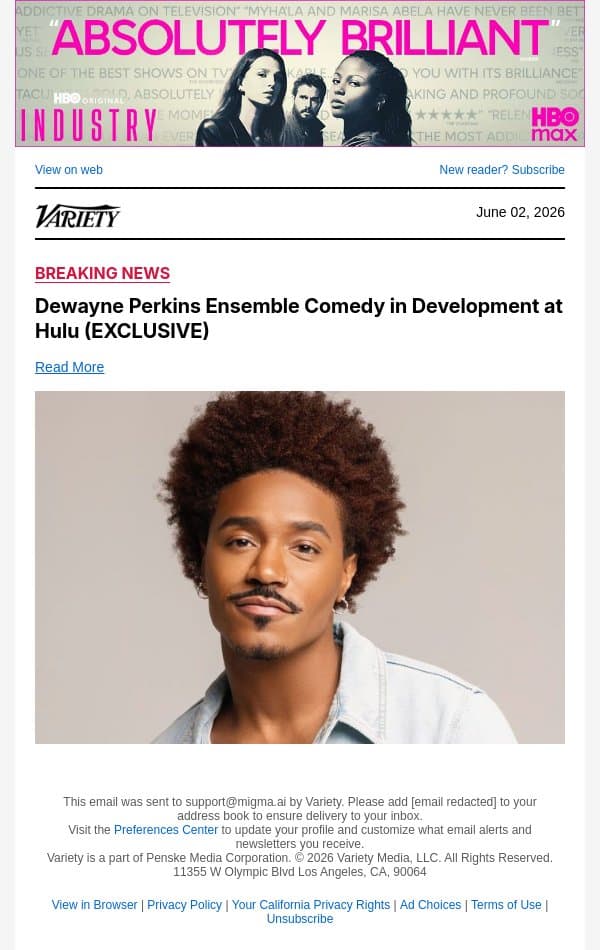 Dewayne Perkins Ensemble Comedy in Development at Hulu (EXCLUSIVE) email from Variety screenshot