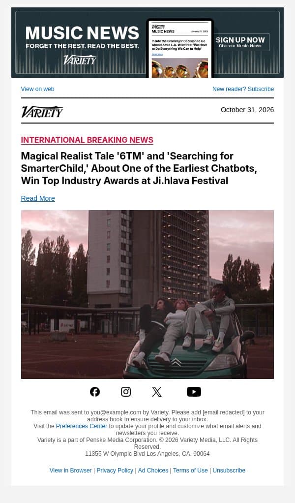 Magical Realist Tale '6TM' and 'Searching for SmarterChild,' About One of the Earliest Chatbots, Win Top Industry Awards at Ji.hlava Festival email from Variety screenshot