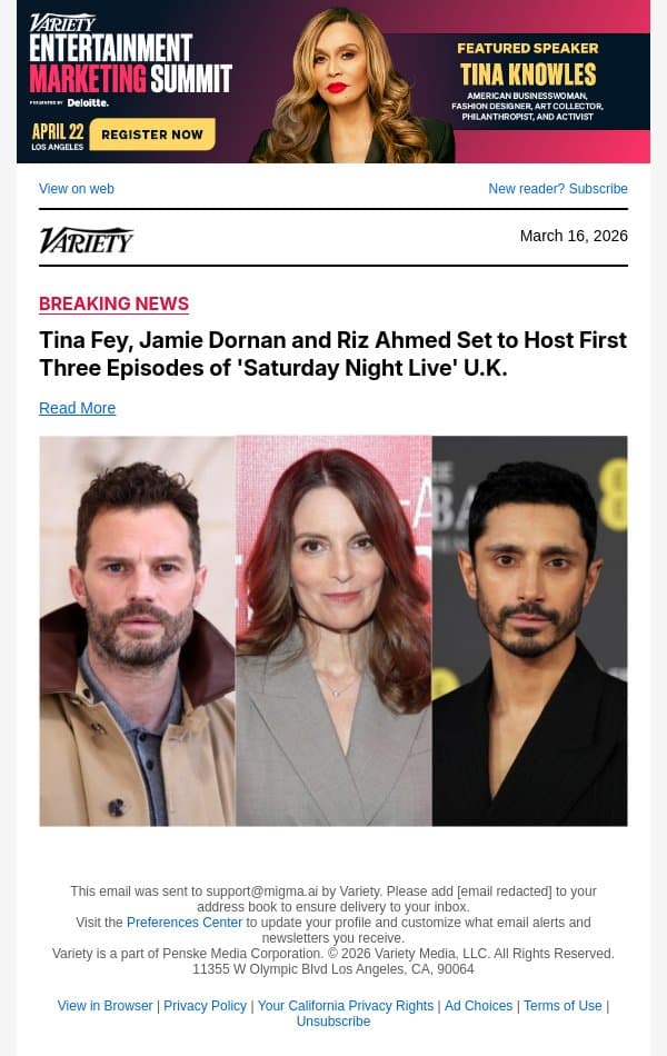 Tina Fey, Jamie Dornan and Riz Ahmed Set to Host First Three Episodes of 'Saturday Night Live' U.K. email from Variety screenshot