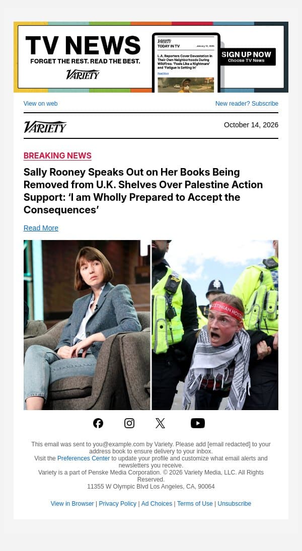Sally Rooney Speaks Out on Her Books Being Removed from U.K. Shelves Over Palestine Action Support: ‘I am Wholly Prepared to Accept the Consequences’ email from Variety screenshot