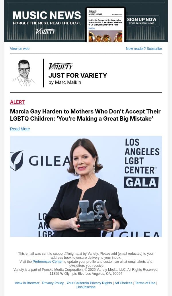 Marcia Gay Harden to Mothers Who Don't Accept Their LGBTQ Children: ‘You’re Making a Great Big Mistake’ email from Variety screenshot