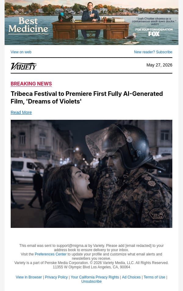 Tribeca Festival to Premiere First Fully AI-Generated Film, 'Dreams of Violets' email from Variety screenshot