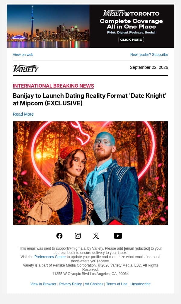 Banijay to Launch Dating Reality Format 'Date Knight' at Mipcom (EXCLUSIVE) email from Variety screenshot