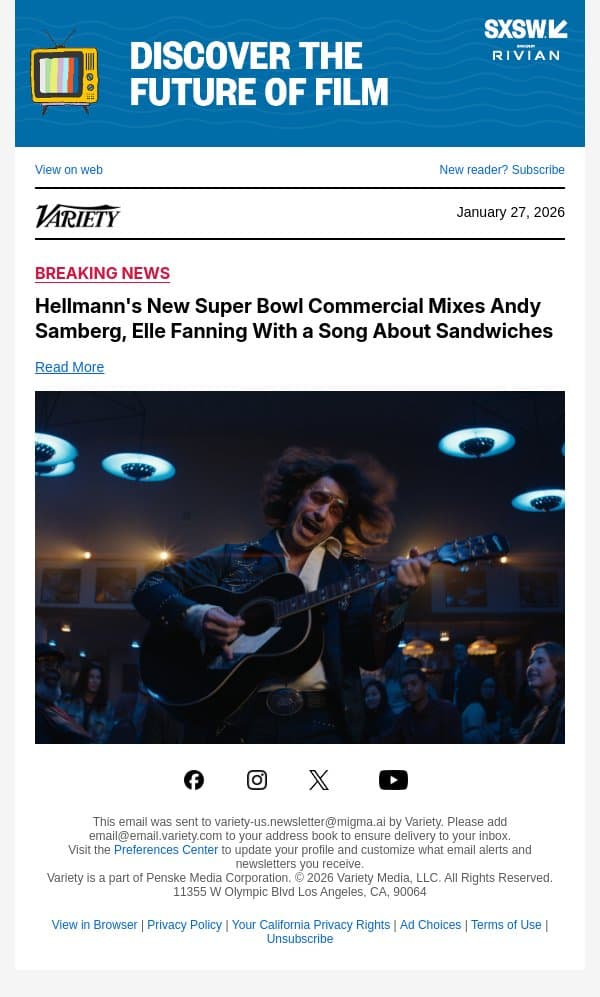 Hellmann's New Super Bowl Commercial Mixes Andy Samberg, Elle Fanning With a Song About Sandwiches email from Variety screenshot