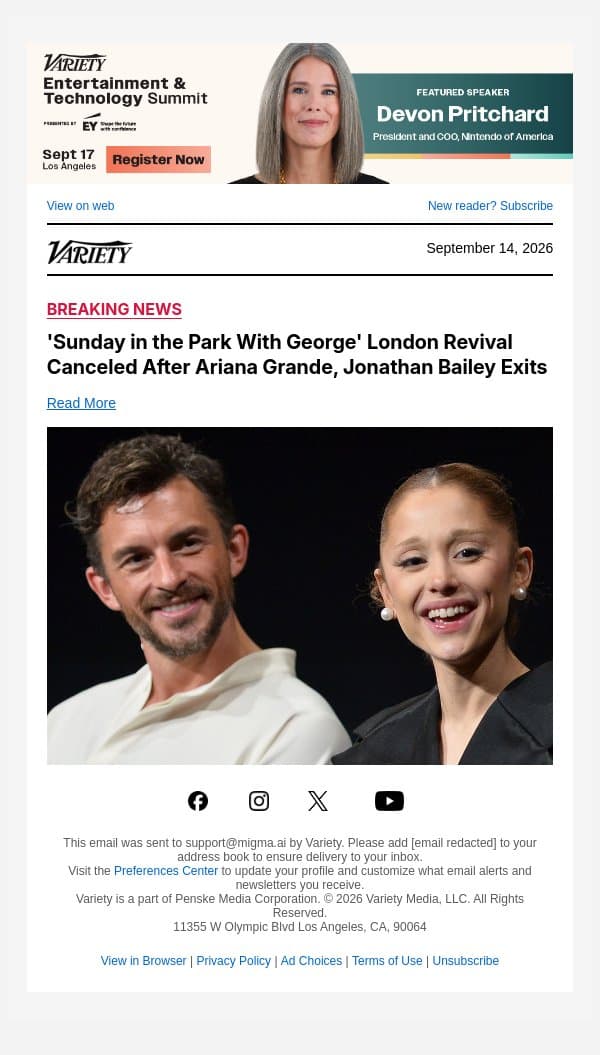 'Sunday in the Park With George' London Revival Canceled After Ariana Grande, Jonathan Bailey Exits email from Variety screenshot