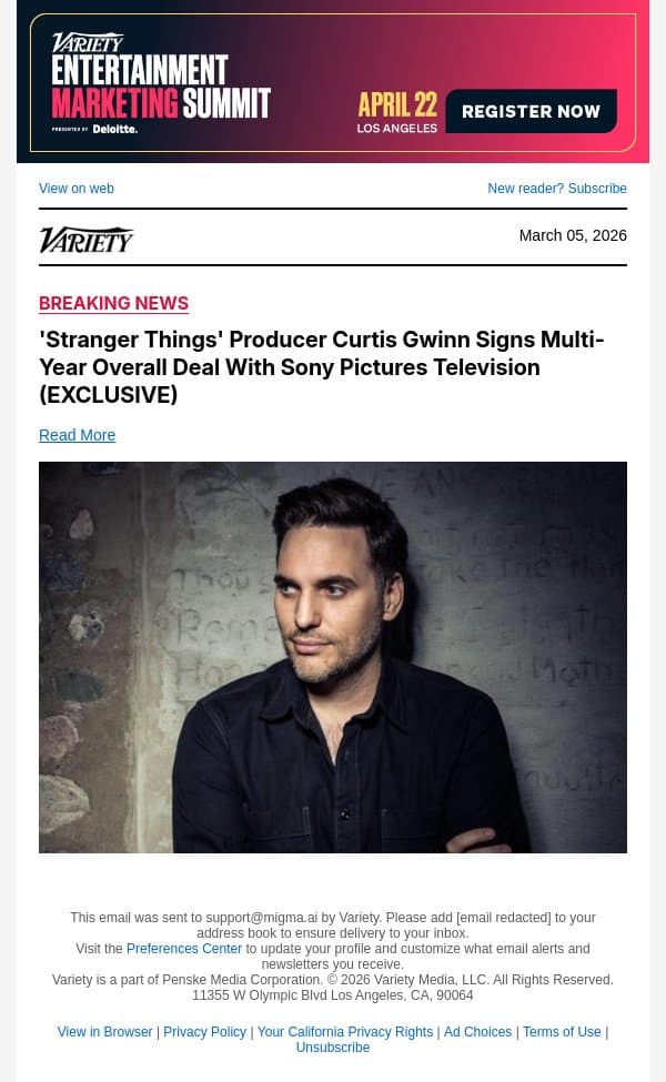 'Stranger Things' Producer Curtis Gwinn Signs Multi-Year Overall Deal With Sony Pictures Television (EXCLUSIVE) email from Variety screenshot
