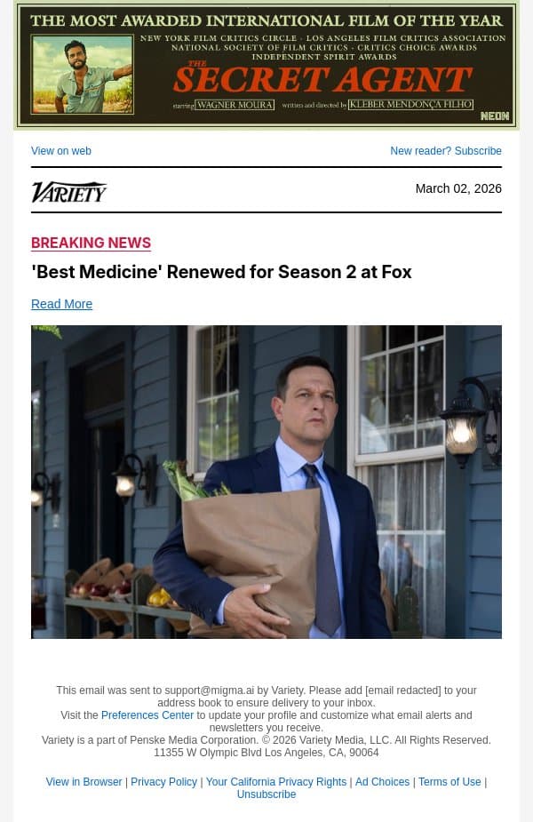 'Best Medicine' Renewed for Season 2 at Fox email from Variety screenshot