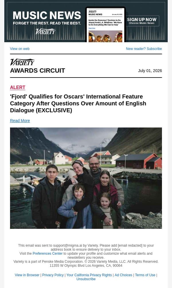 'Fjord' Qualifies for Oscars' International Feature Category After Questions Over Amount of English Dialogue (EXCLUSIVE) email from Variety screenshot