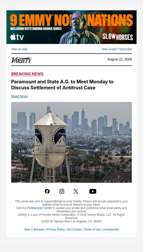 Paramount and State A.G. to Meet Monday to Discuss Settlement of Antitrust Case email from Variety screenshot