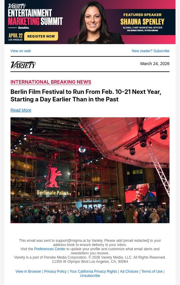 Berlin Film Festival to Run From Feb. 10-21 Next Year, Starting a Day Earlier Than in the Past email from Variety screenshot