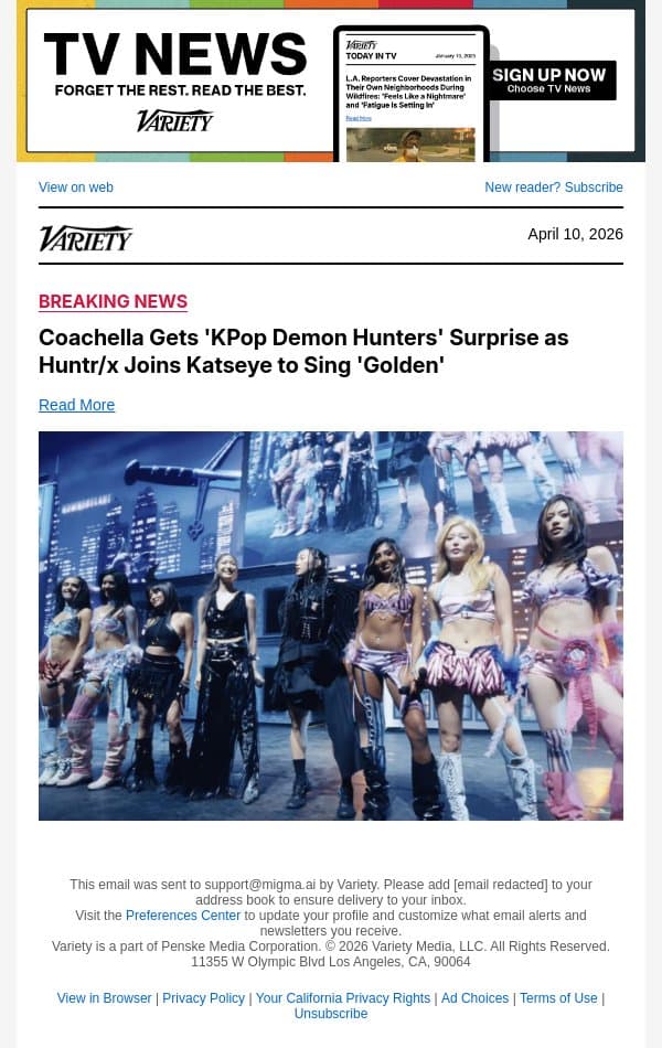 Coachella Gets 'KPop Demon Hunters' Surprise as Huntr/x Joins Katseye to Sing 'Golden' email from Variety screenshot