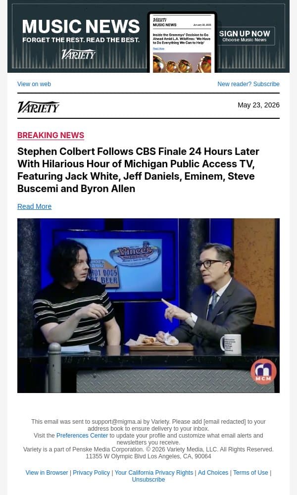 Stephen Colbert Follows CBS Finale 24 Hours Later With Hilarious Hour of Michigan Public Access TV, Featuring Jack White, Jeff Daniels, Eminem, Steve Buscemi and Byron Allen email from Variety screenshot