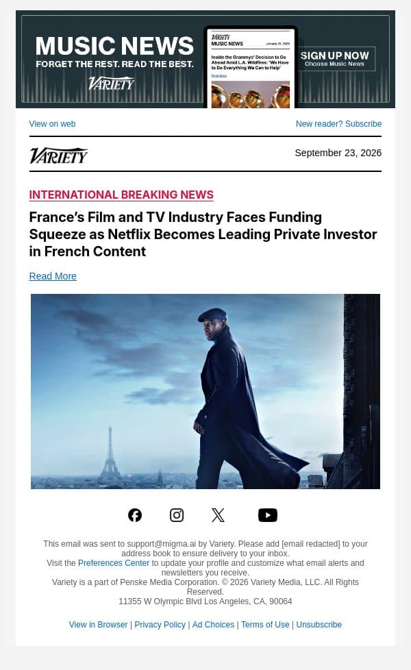 France’s Film and TV Industry Faces Funding Squeeze as Netflix Becomes Leading Private Investor in French Content email from Variety screenshot