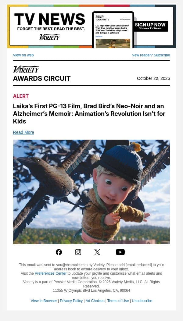 Laika’s First PG-13 Film, Brad Bird’s Neo-Noir and an Alzheimer’s Memoir: Animation’s Revolution Isn’t for Kids email from Variety screenshot