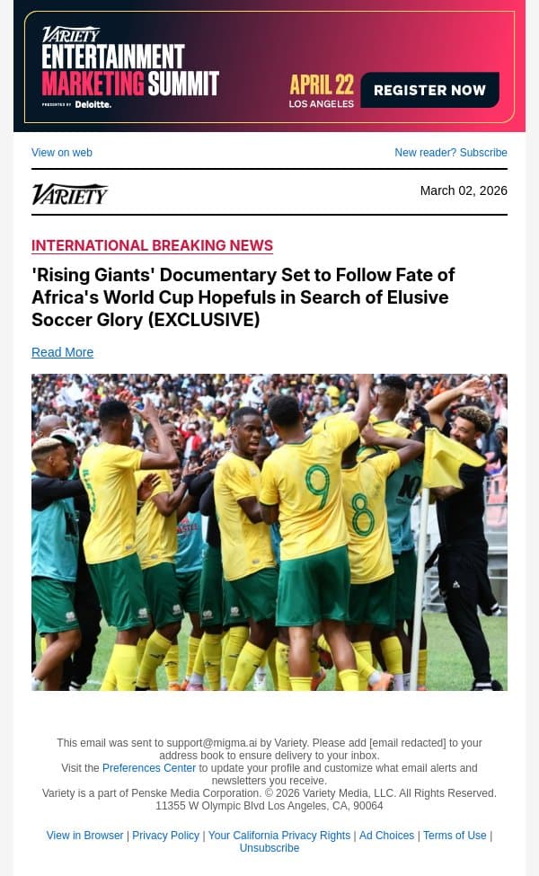 'Rising Giants' Documentary Set to Follow Fate of Africa's World Cup Hopefuls in Search of Elusive Soccer Glory (EXCLUSIVE) email from Variety screenshot