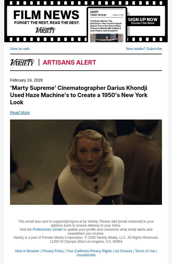 'Marty Supreme' Cinematographer Darius Khondji Used Haze Machine's to Create a 1950's New York Look email from Variety screenshot