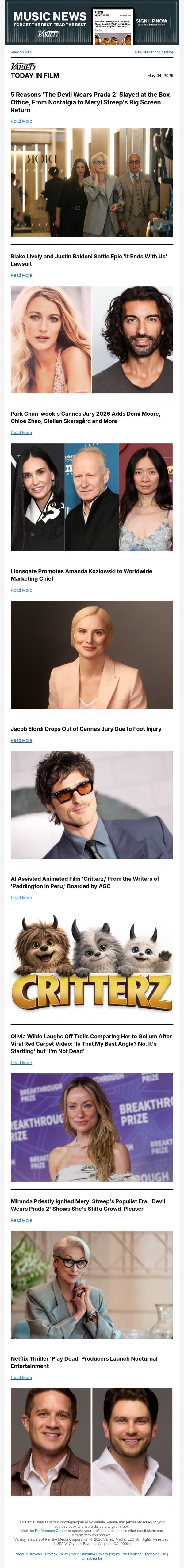 Why 'Devil Wears Prada 2' Slayed the Box Office; Lively and Baldoni Settle; Cannes Jury Expands email from Variety screenshot