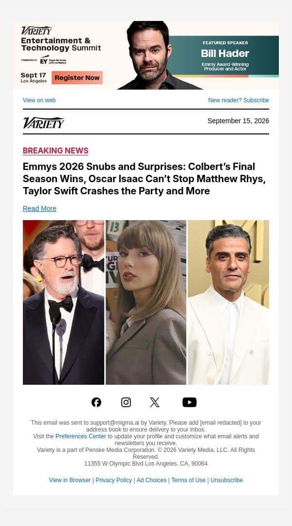 Emmys 2026 Snubs and Surprises: Colbert’s Final Season Wins, Oscar Isaac Can’t Stop Matthew Rhys, Taylor Swift Crashes the Party and More email from Variety screenshot