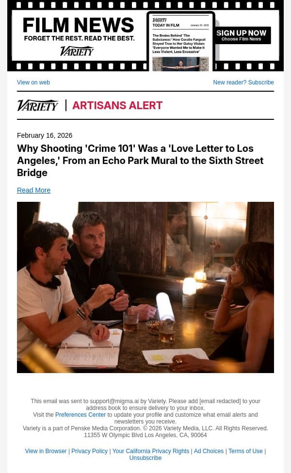 Why Shooting 'Crime 101' Was a 'Love Letter to Los Angeles,' From an Echo Park Mural to the Sixth Street Bridge email from Variety screenshot