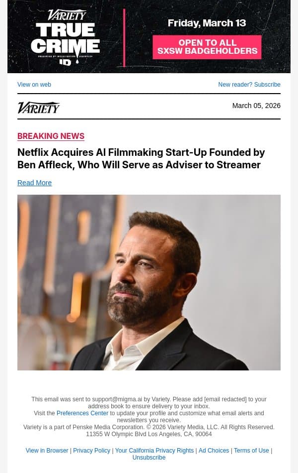 Netflix Acquires AI Filmmaking Start-Up Founded by Ben Affleck, Who Will Serve as Adviser to Streamer email from Variety screenshot