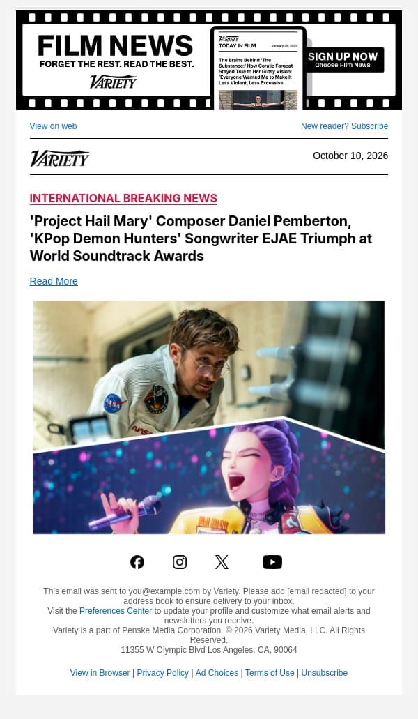 'Project Hail Mary' Composer Daniel Pemberton, 'KPop Demon Hunters' Songwriter EJAE Triumph at World Soundtrack Awards email from Variety screenshot