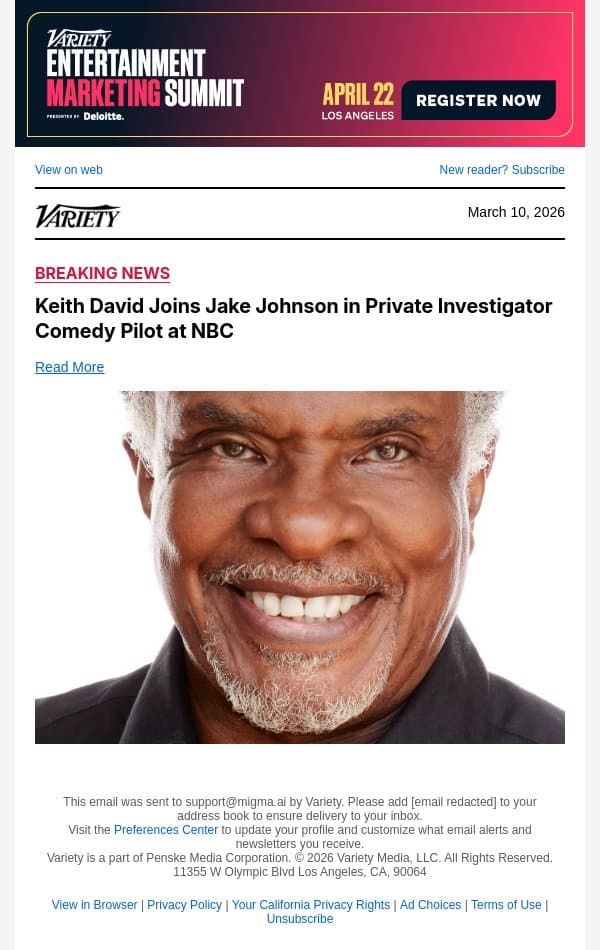 Keith David Joins Jake Johnson in Private Investigator Comedy Pilot at NBC email from Variety screenshot