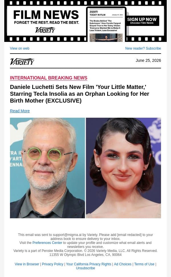 Daniele Luchetti Sets New Film 'Your Little Matter,' Starring Tecla Insolia as an Orphan Looking for Her Birth Mother (EXCLUSIVE) email from Variety screenshot