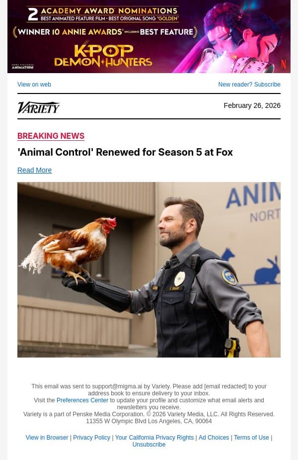 'Animal Control' Renewed for Season 5 at Fox email from Variety screenshot