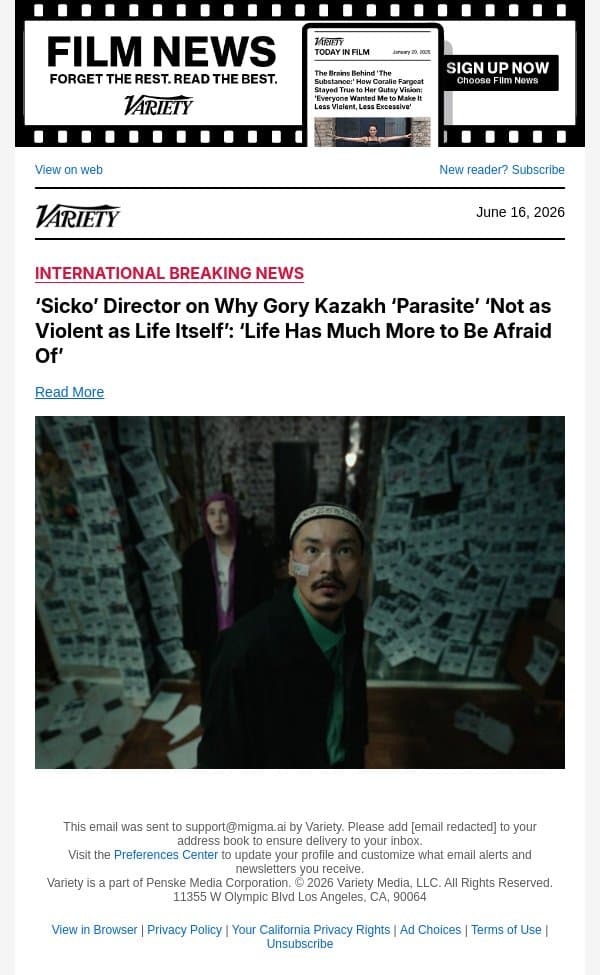 ‘Sicko’ Director on Why Gory Kazakh ‘Parasite’ ‘Not as Violent as Life Itself’: ‘Life Has Much More to Be Afraid Of’ email from Variety screenshot