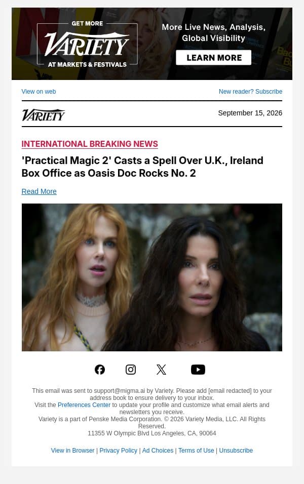 'Practical Magic 2' Casts a Spell Over U.K., Ireland Box Office as Oasis Doc Rocks No. 2 email from Variety screenshot