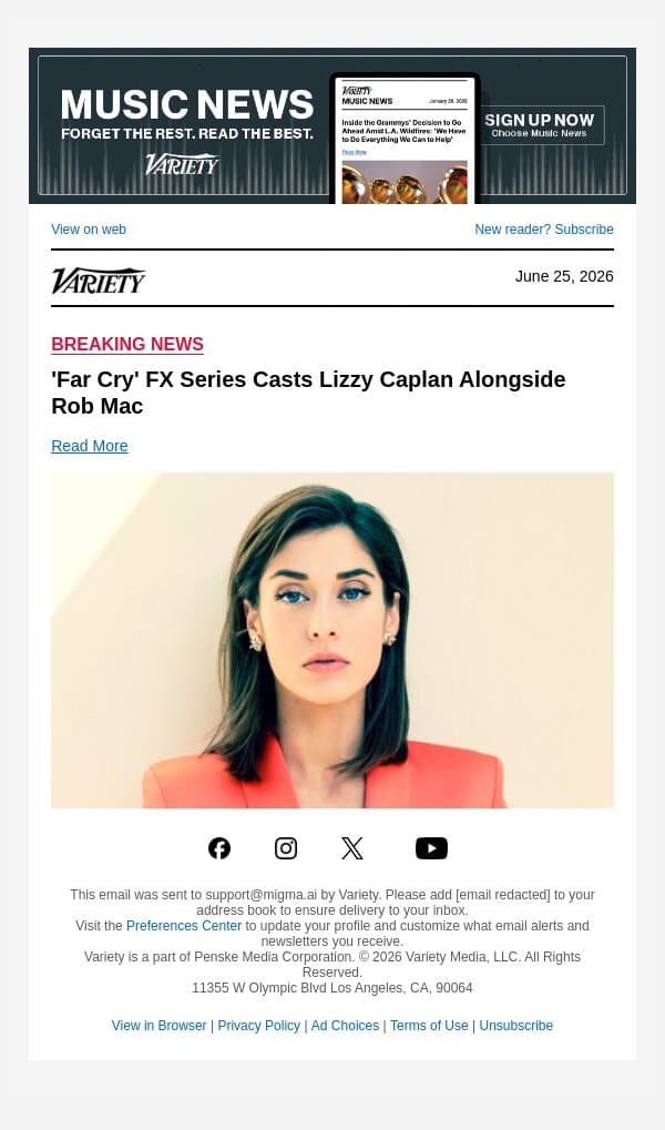 'Far Cry' FX Series Casts Lizzy Caplan Alongside Rob Mac email from Variety screenshot