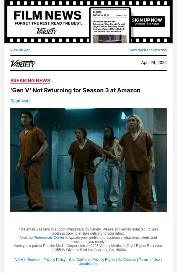 'Gen V' Not Returning for Season 3 at Amazon email from Variety screenshot