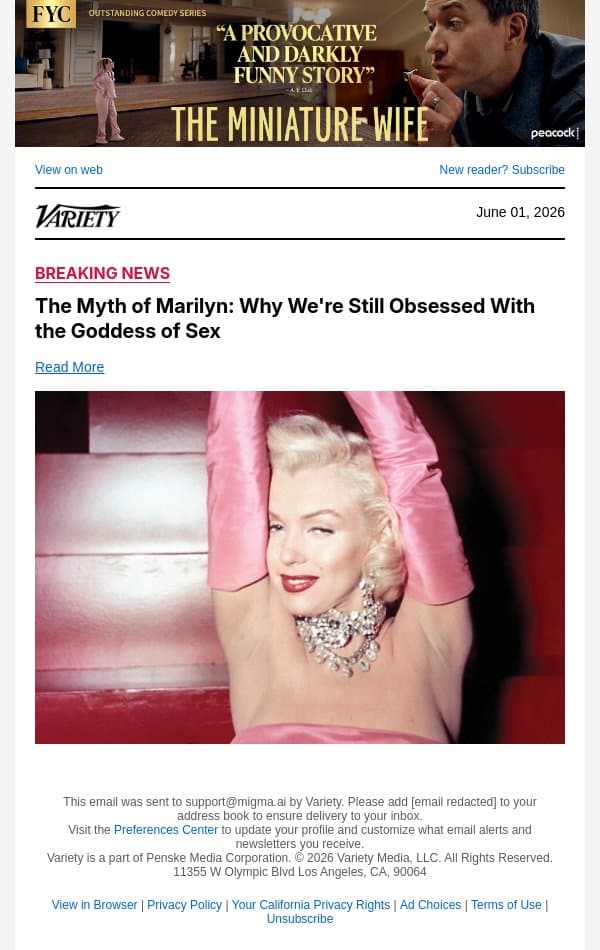 The Myth of Marilyn: Why We're Still Obsessed With the Goddess of Sex email from Variety screenshot