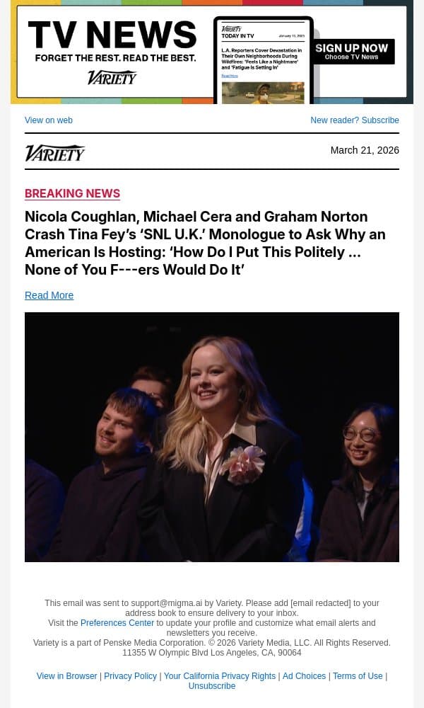 Nicola Coughlan, Michael Cera and Graham Norton Crash Tina Fey’s ‘SNL U.K.’ Monologue to Ask Why an American Is Hosting: ‘How Do I Put This Politely ... None of You F---ers Would Do It’ email from Variety screenshot