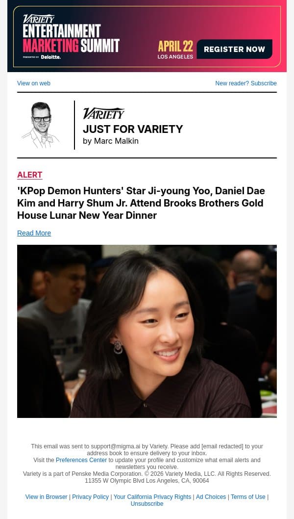 'KPop Demon Hunters' Star Ji-young Yoo, Daniel Dae Kim and Harry Shum Jr. Attend Brooks Brothers Gold House Lunar New Year Dinner email from Variety screenshot