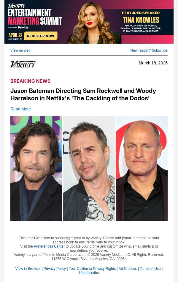 Jason Bateman Directing Sam Rockwell and Woody Harrelson in Netflix's 'The Cackling of the Dodos' email from Variety screenshot