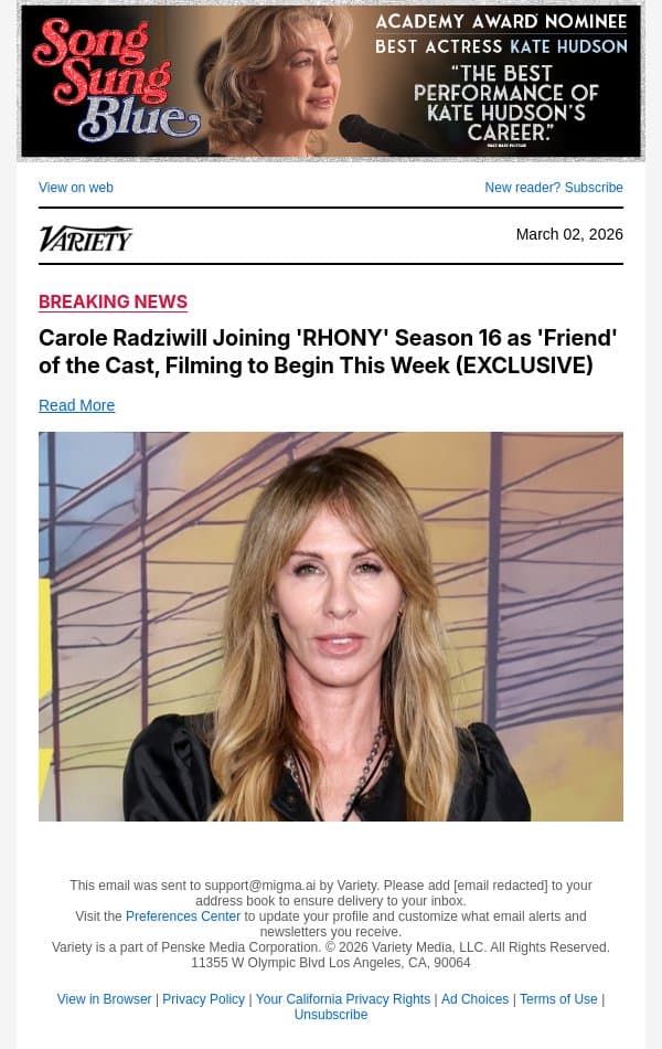 Carole Radziwill Joining 'RHONY' Season 16 as 'Friend' of the Cast, Filming to Begin This Week (EXCLUSIVE) email from Variety screenshot