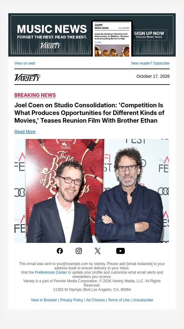 Joel Coen on Studio Consolidation: 'Competition Is What Produces Opportunities for Different Kinds of Movies,' Teases Reunion Film With Brother Ethan email from Variety screenshot