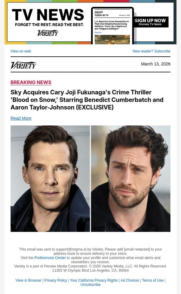 Sky Acquires Cary Joji Fukunaga's Crime Thriller 'Blood on Snow,' Starring Benedict Cumberbatch and Aaron Taylor‑Johnson (EXCLUSIVE) email from Variety screenshot