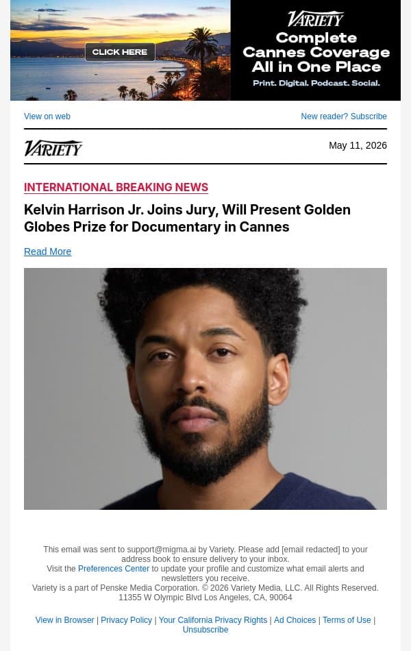 Kelvin Harrison Jr. Joins Jury, Will Present Golden Globes Prize for Documentary in Cannes email from Variety screenshot