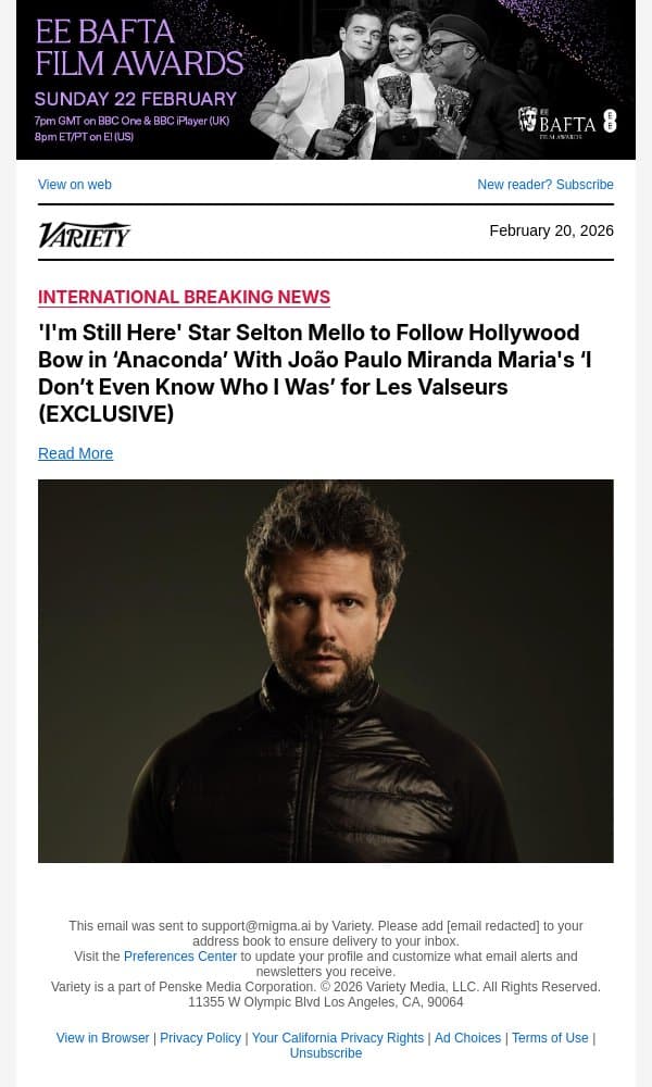 'I'm Still Here' Star Selton Mello to Follow Hollywood Bow in ‘Anaconda’ With João Paulo Miranda Maria's ‘I Don’t Even Know Who I Was’ for Les Valseurs (EXCLUSIVE) email from Variety screenshot